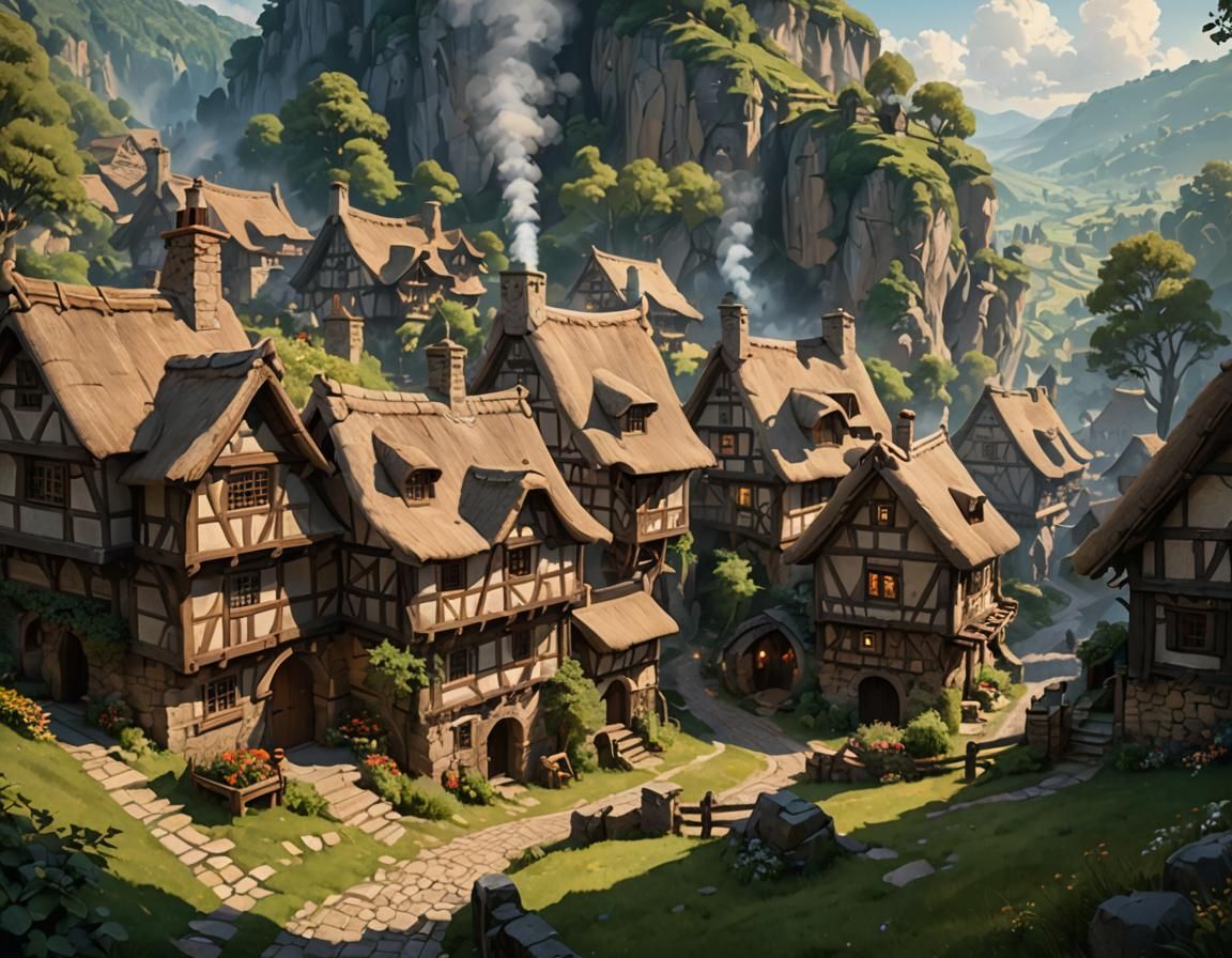 Ethereal Rustic Village Scene in Ultra Realistic Style