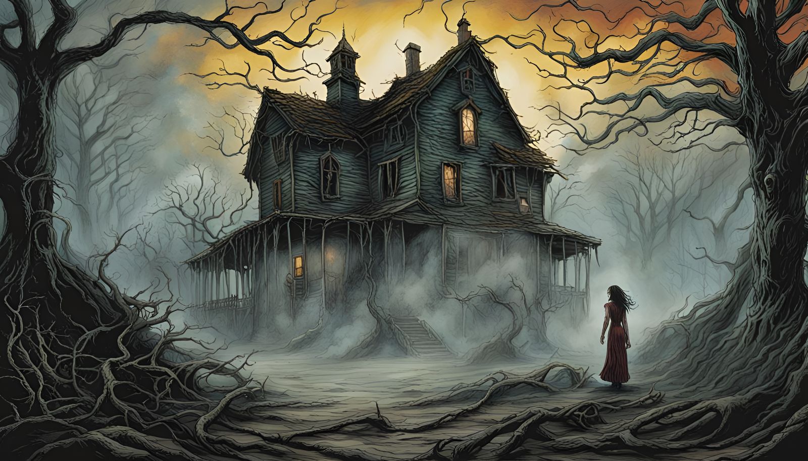 Haunted Girl in Mist: Chaotic Line Art