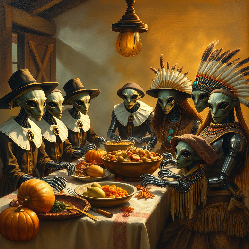 Alien Pilgrims and Robot Natives Thanksgiving Oil Painting