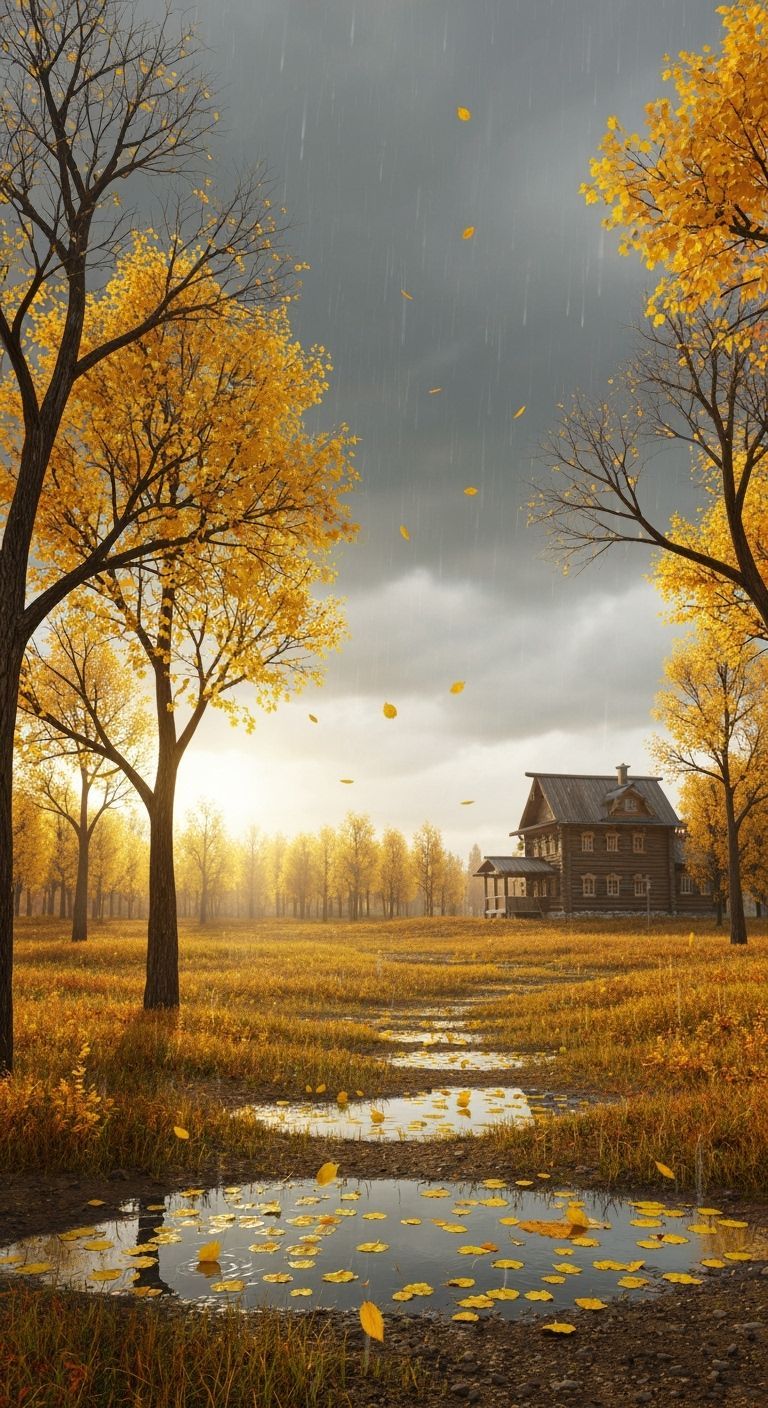 Autumn Forest Scene with Russian House in Animation Style