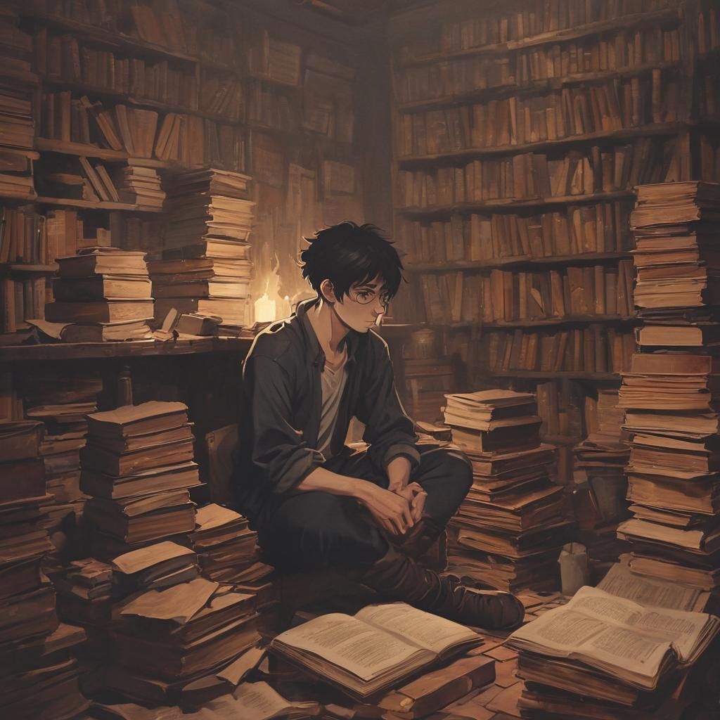 Dark Academia Anime Art: Young Man Studying by Candlelight