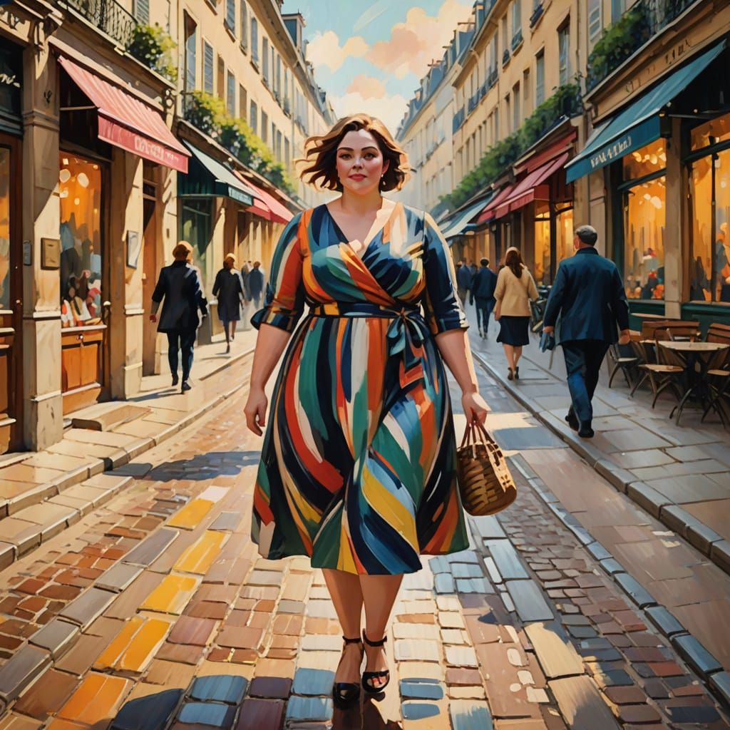 Confident Woman in Parisian Street, Impressionist Painting