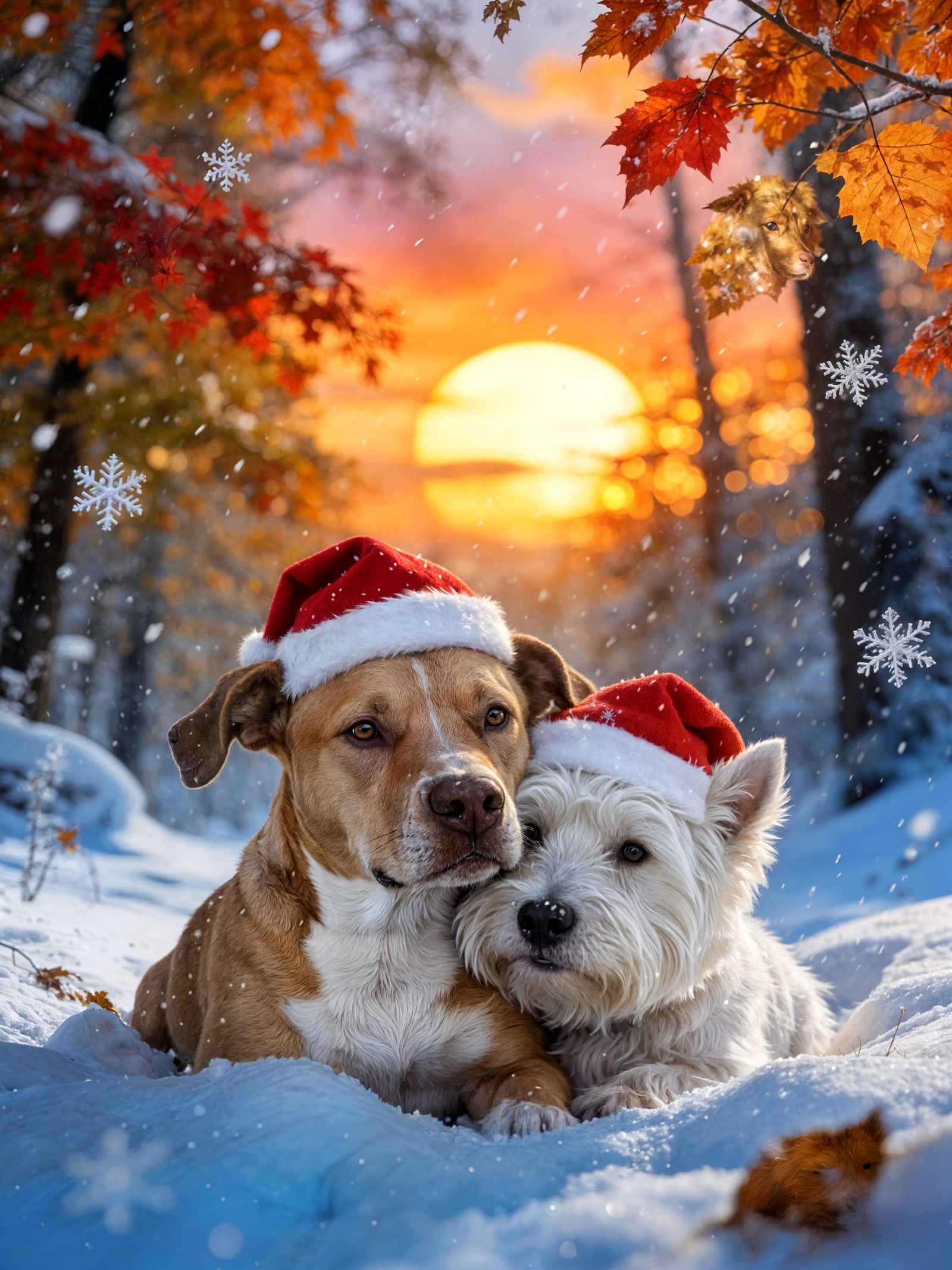 Amstaff and Westie Dogs Cuddle in Snowy Forest Sunset