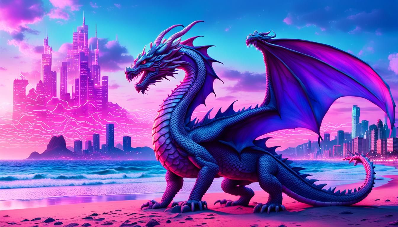 Dragon on Vaporwave Beach with Neon Lights