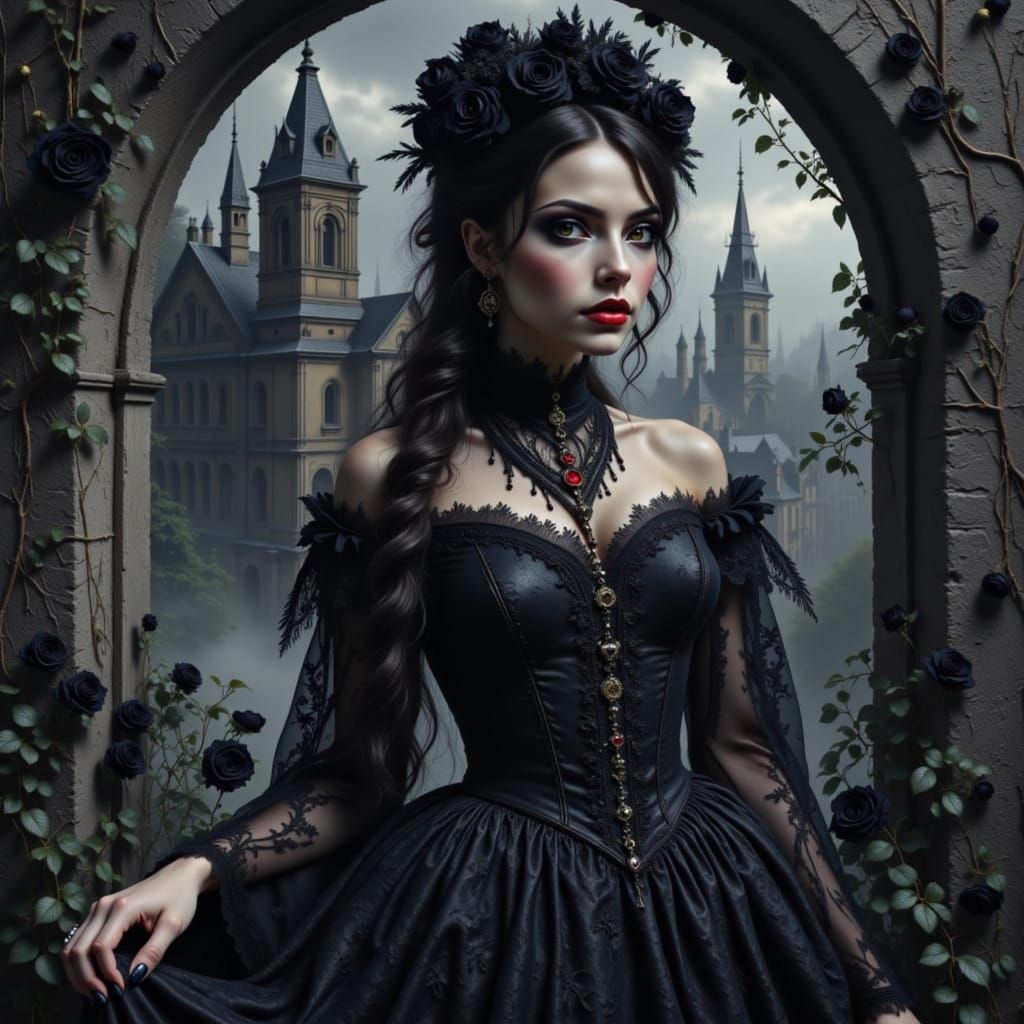 Elegant Gothic Woman in Haunted Castle Ruins