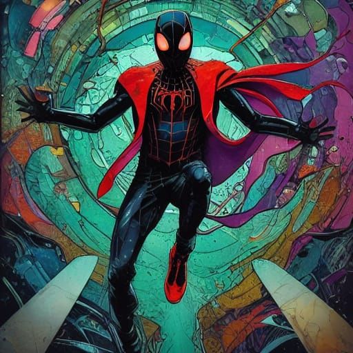 Miles Morales Spider-Man Swinging in Neon City