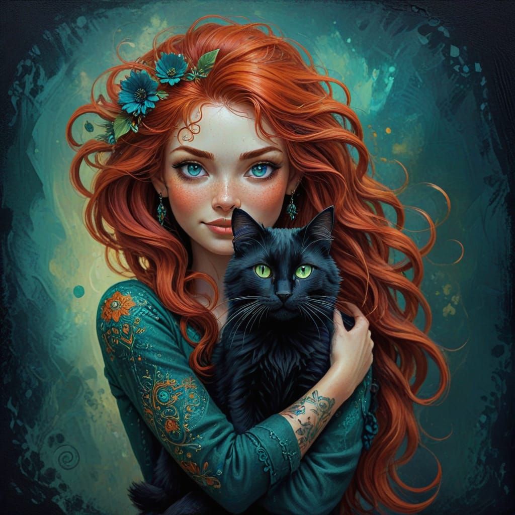 Bohemian Witch Girl and Black Cat in Vibrant Fantasy Art