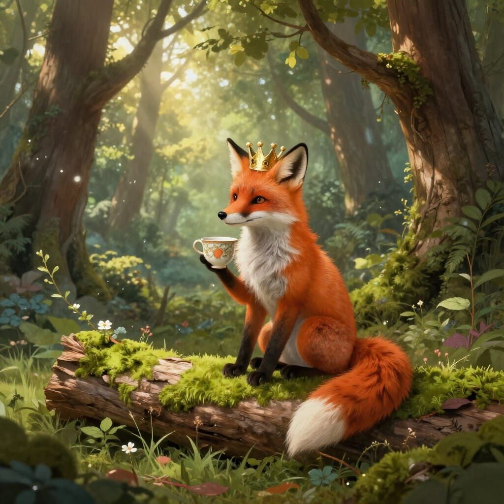 Anthropomorphic Fox in Enchanted Forest Holding Teacup