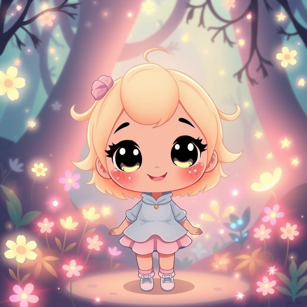 Cute Cartoon Girl in Glowing Fantasy Forest