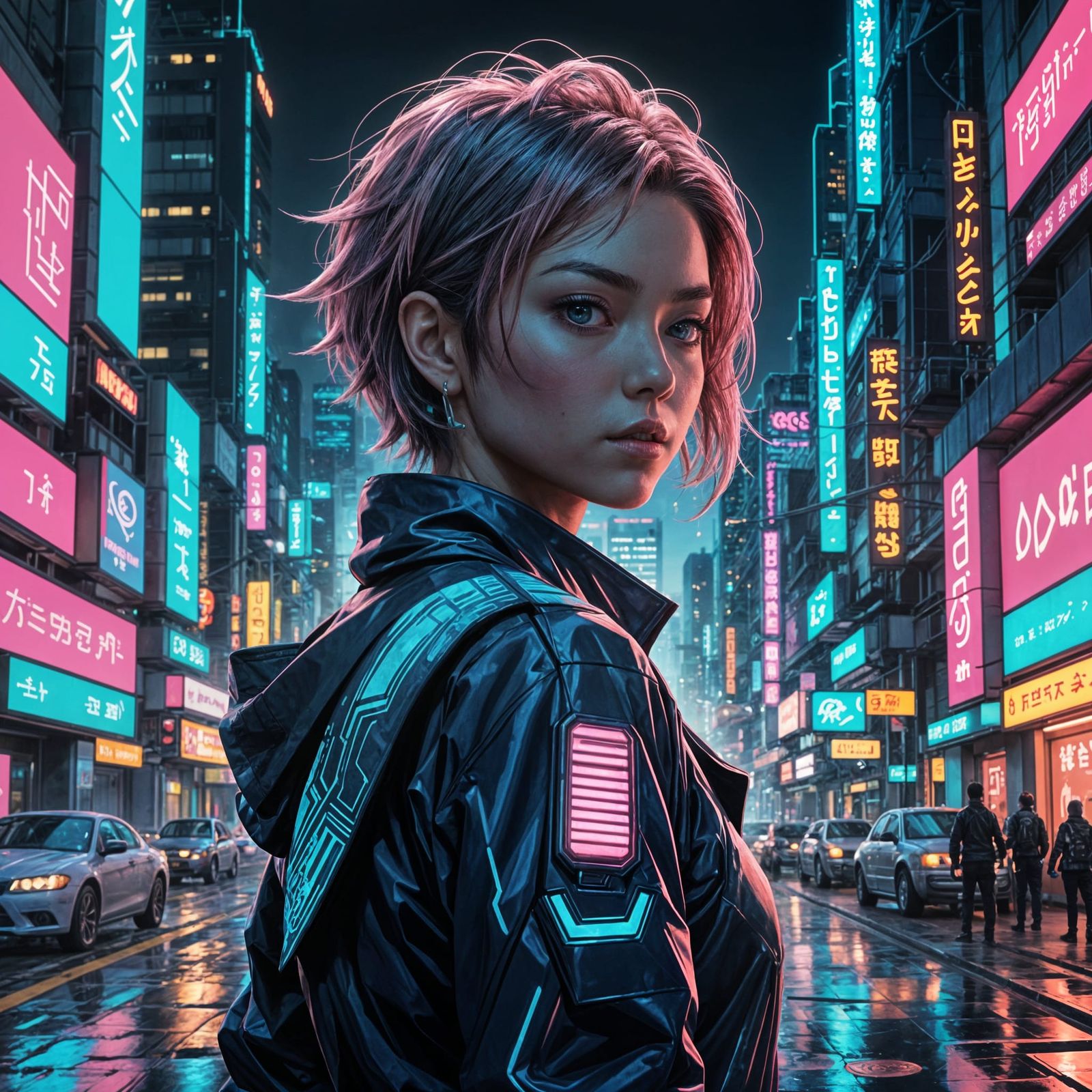 Anime-Inspired Futuristic Heroine in Neon City