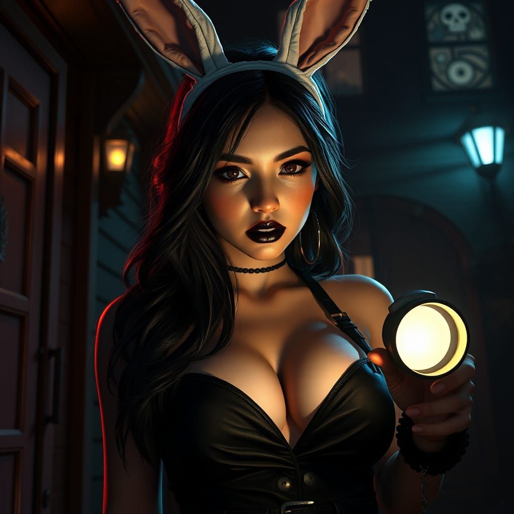 Brunette in Playboy Outfit in Haunted House