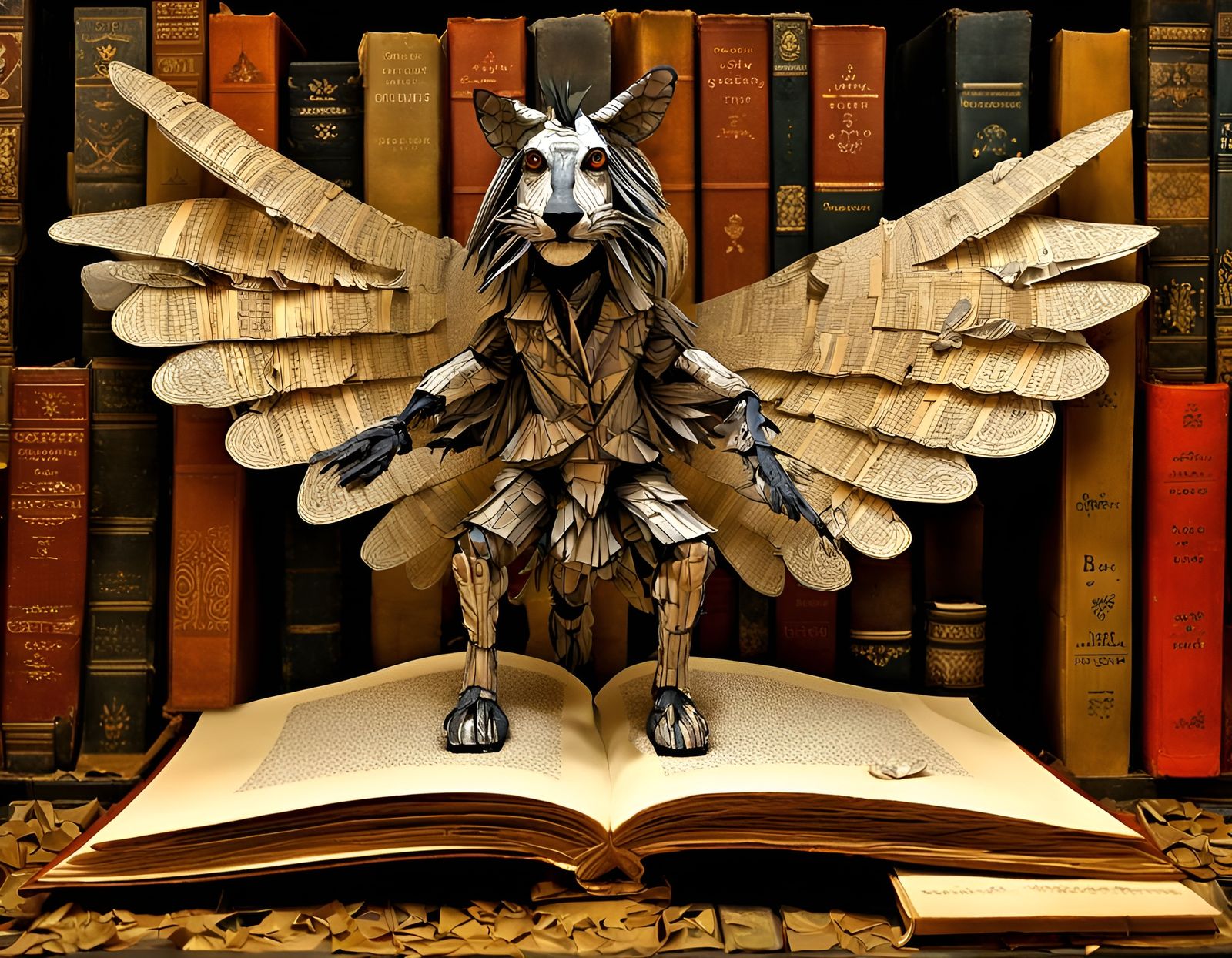 Fantastic Library with Book Creatures in Engraving Style