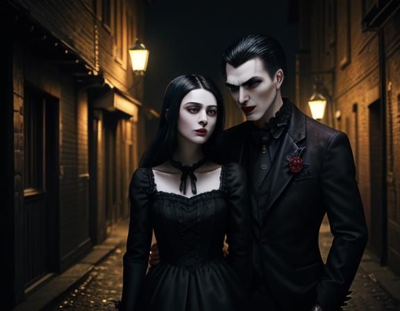 Modern Gothic Vampire Couple in Dark Alley