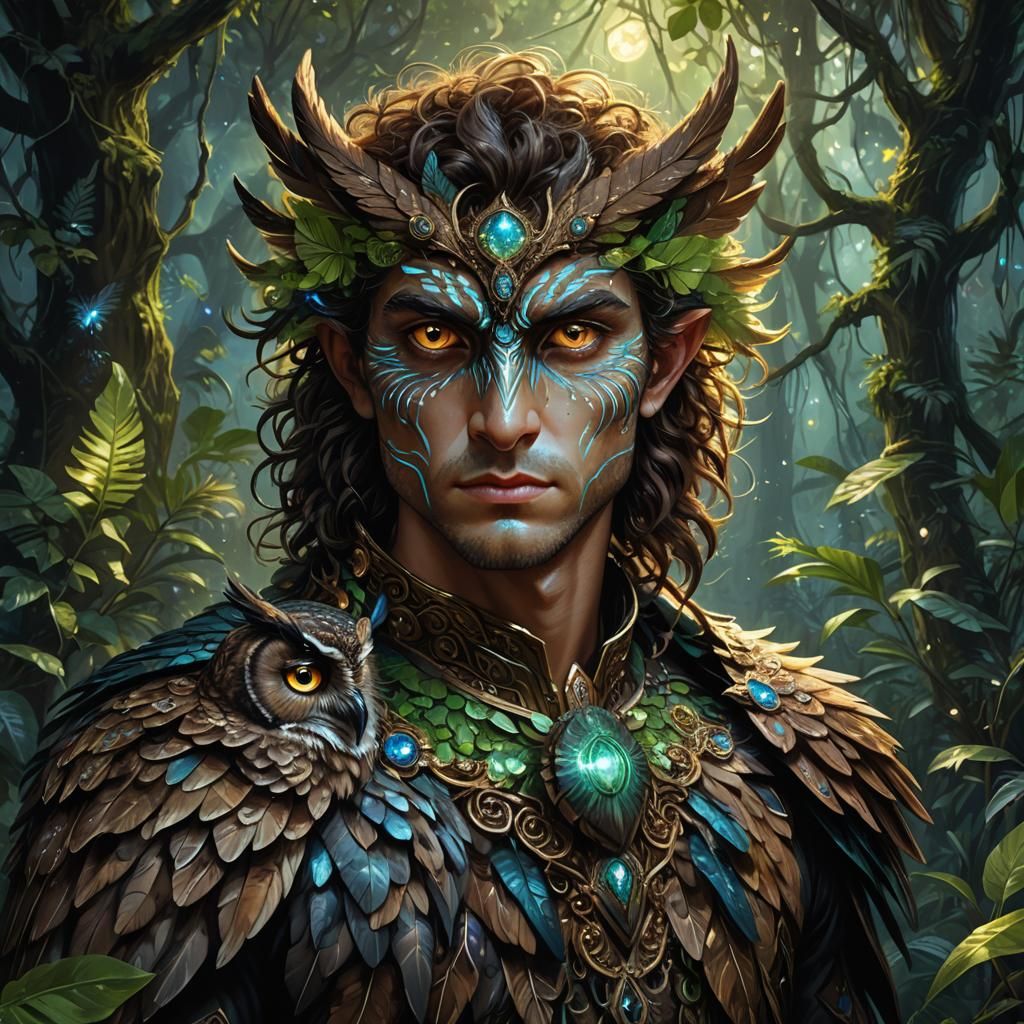 Fantasy Owl Elf in Jungle, Detailed Digital Painting