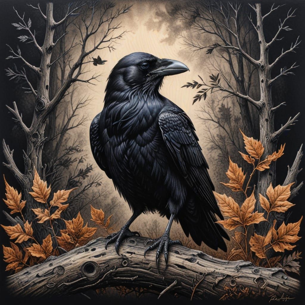 Raven Hyperdetailed Charcoal Drawing in Pyrography Etching S...