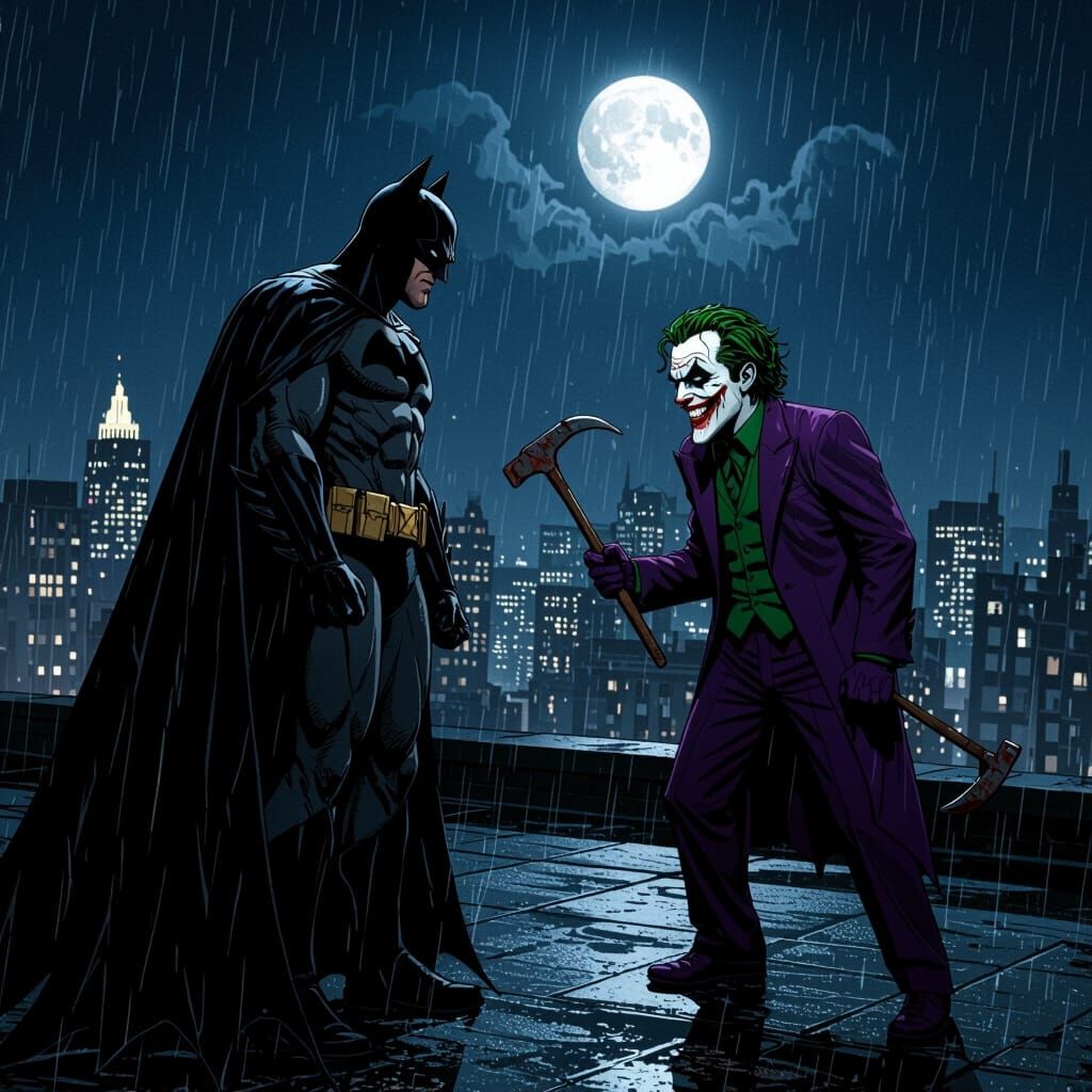 Batman vs Joker Rooftop Battle in Neo-Noir Style