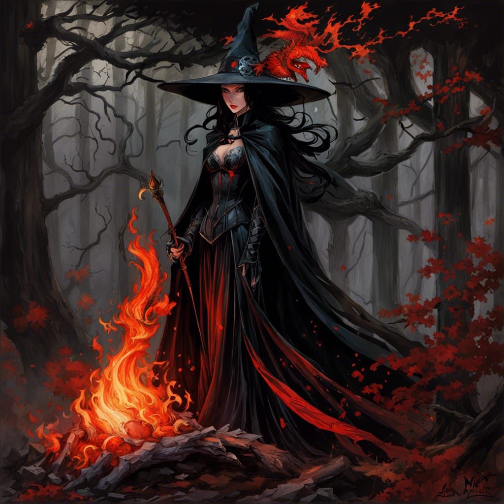 Fire Witch in Autumn Forest with Dragon, Digital Art