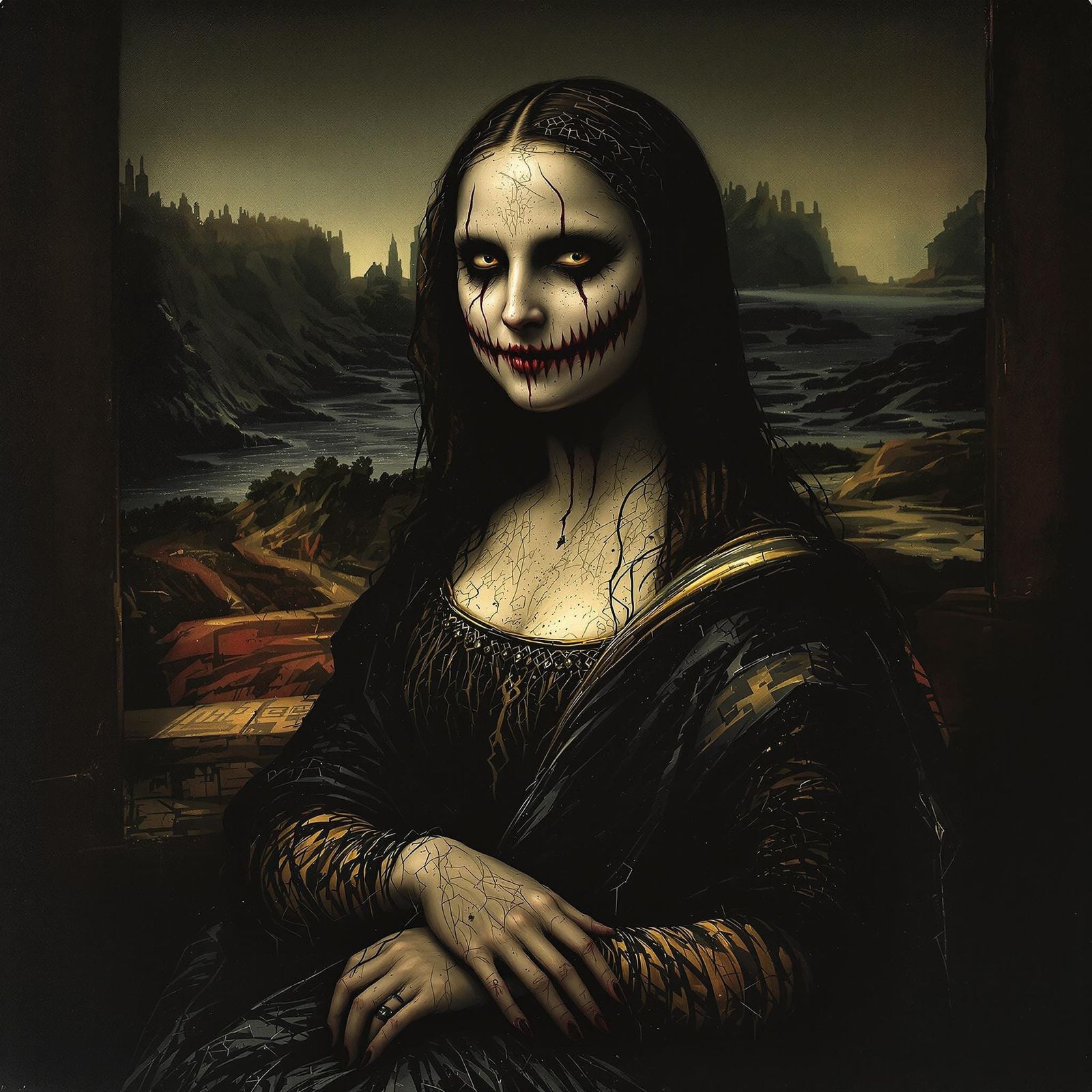 Distorted Mona Lisa in Gothic Horror Style