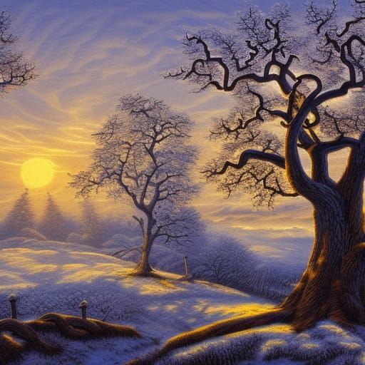 Mystical Winter Mountain Landscape with Steampunk Engine