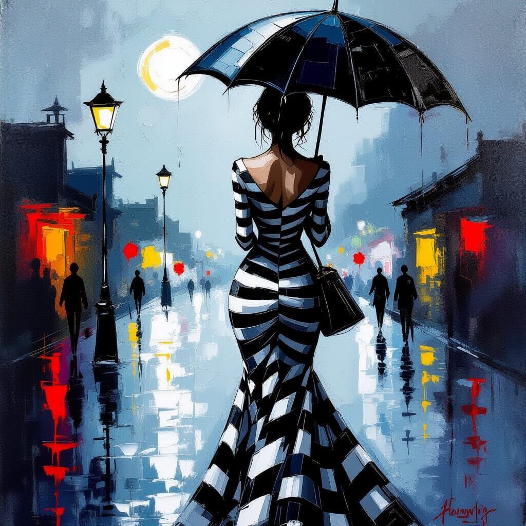 Avant Garde Woman in Striped Dress at Night