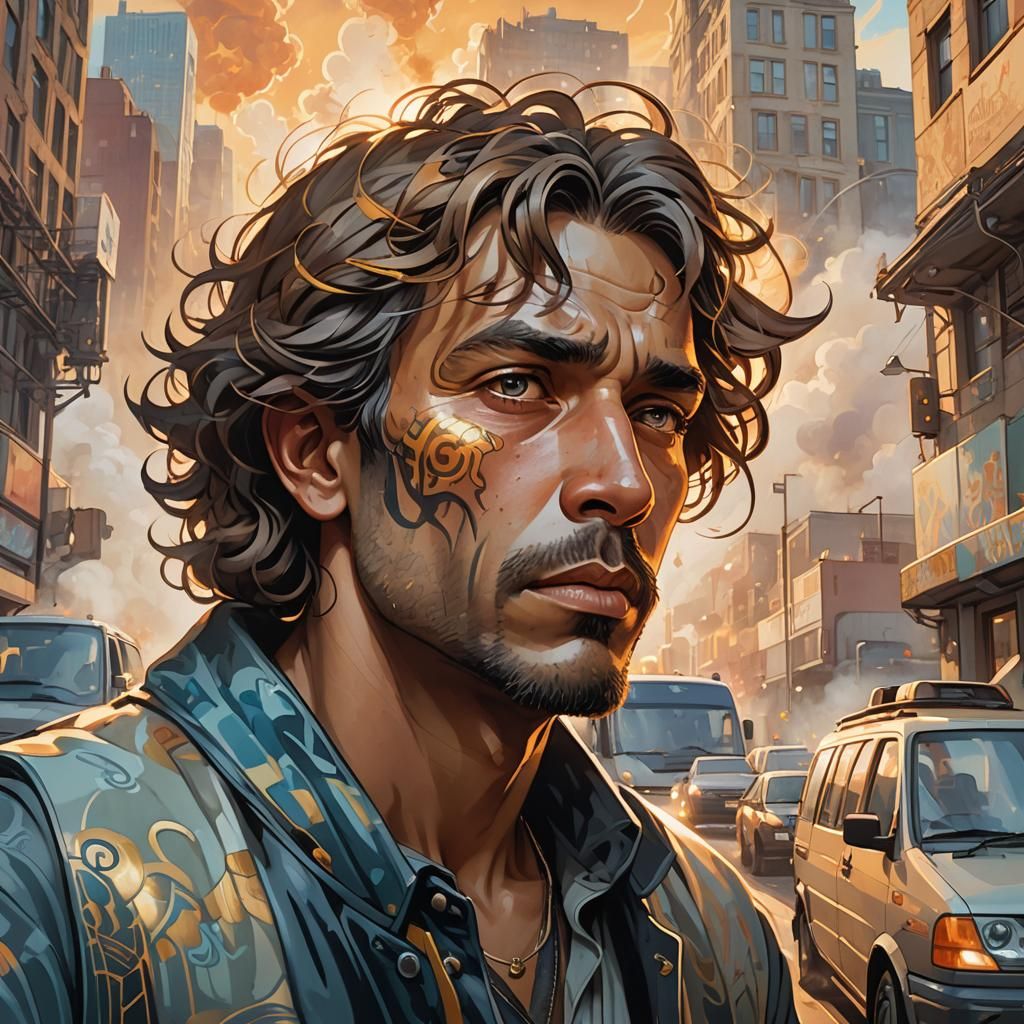 Frustrated Driver in Traffic: Graffiti Art Nouveau Portrait