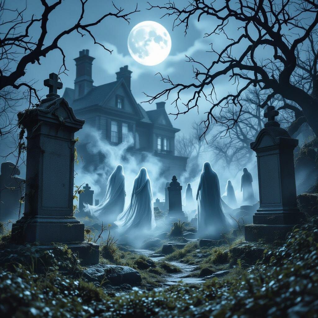 Ethereal Spirits Haunting Moonlit Mansion Cemetery