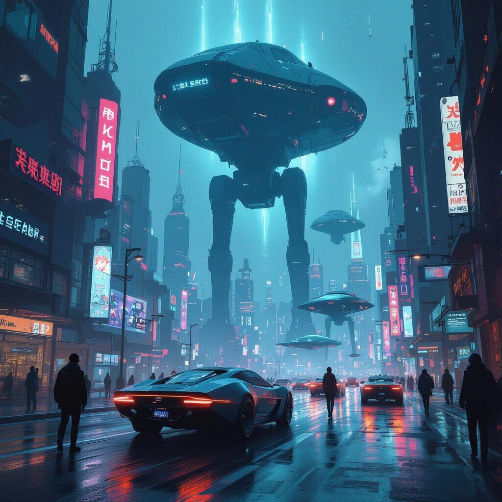 Cyberpunk Metropolis with Giants and Flying Cars