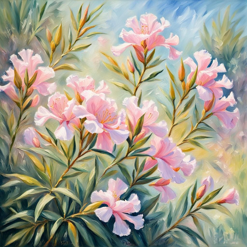 Pink Oleander Flowers in Impressionist Oil Painting