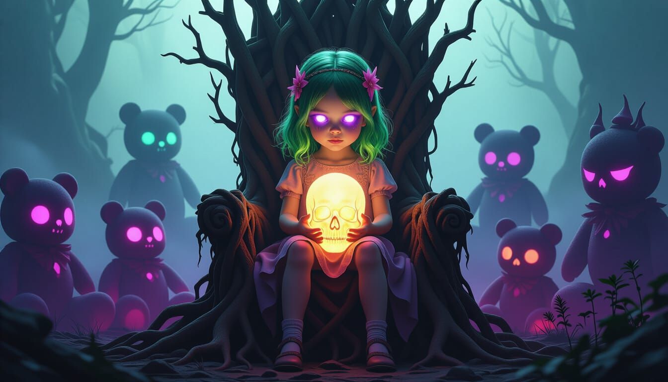 Ethereal Girl on Root Throne with Skull