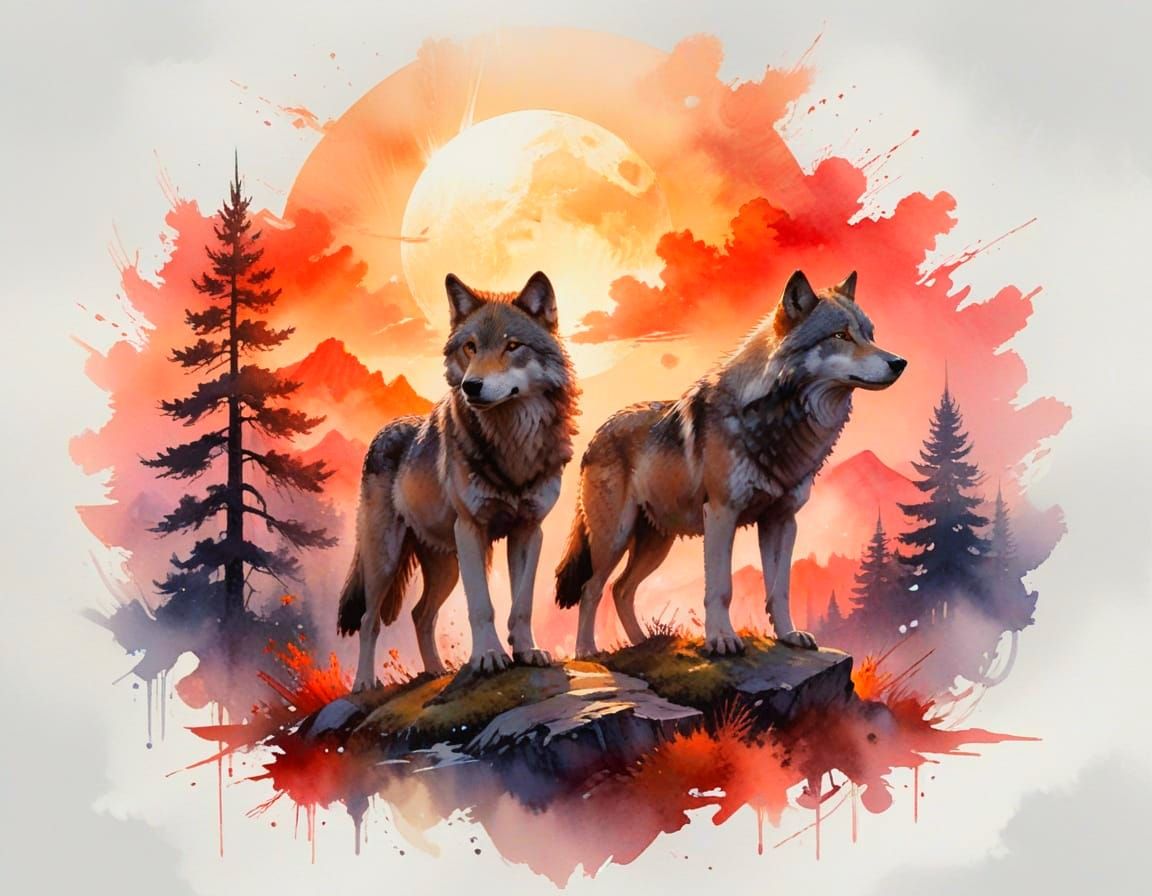 Wolf Pack Silhouetted Against Fiery Sunset Sky