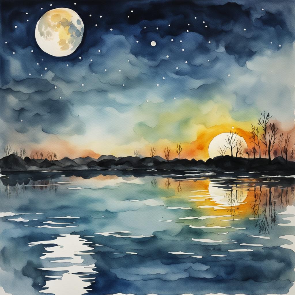 Watercolor Moon Reflecting on Water