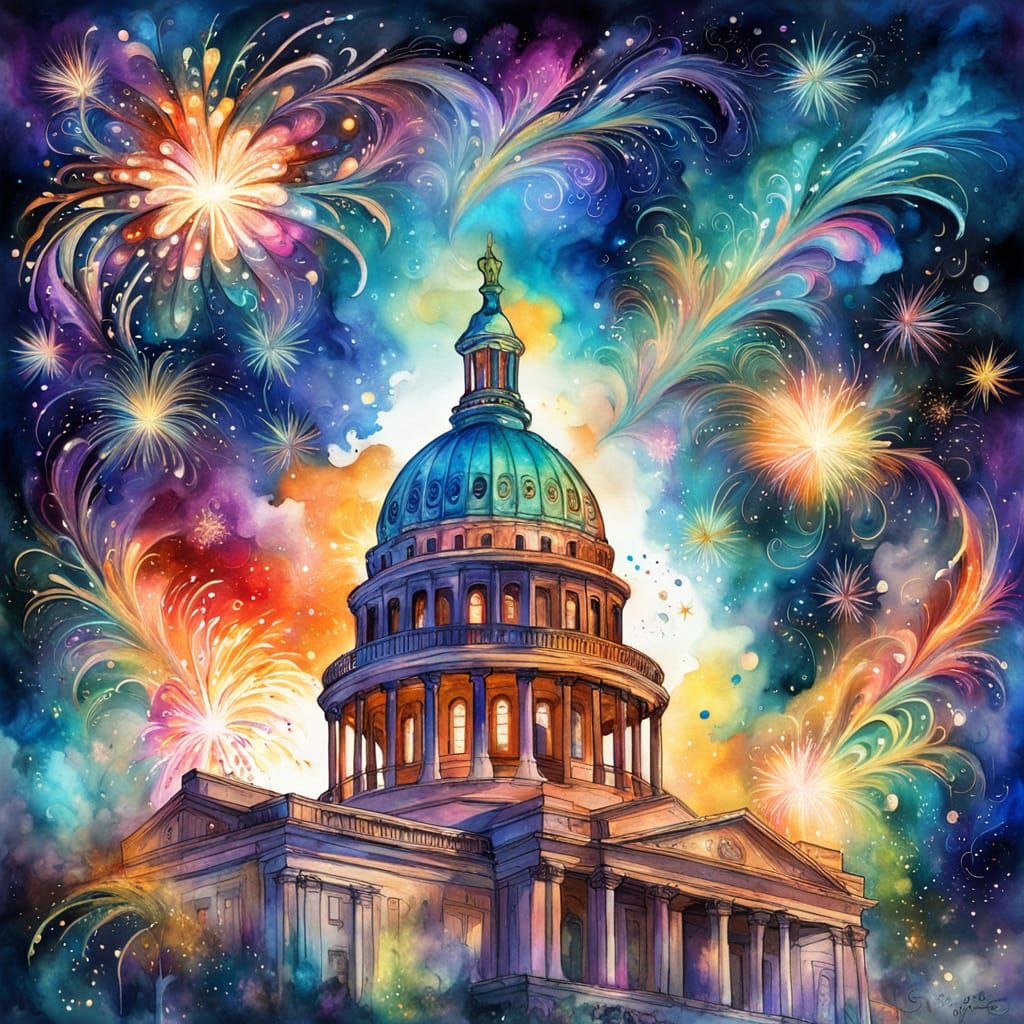 Fireworks Over Texas Capitol in Watercolor Style