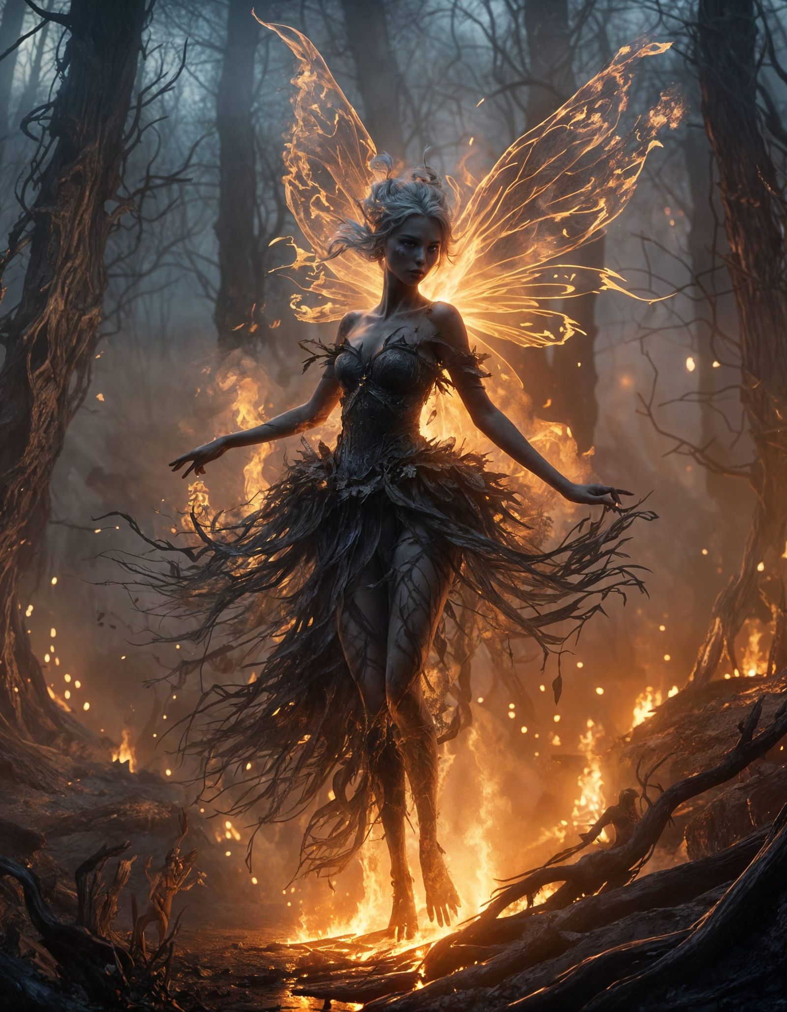 Ash Fairy Dance in Charred Forest: Fantasy Art