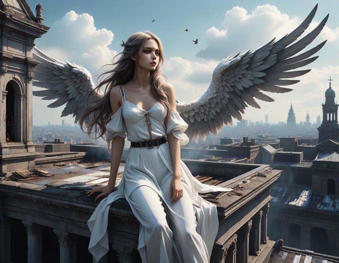 Angel Smoking on Rooftop in Hyperrealistic Digital Art