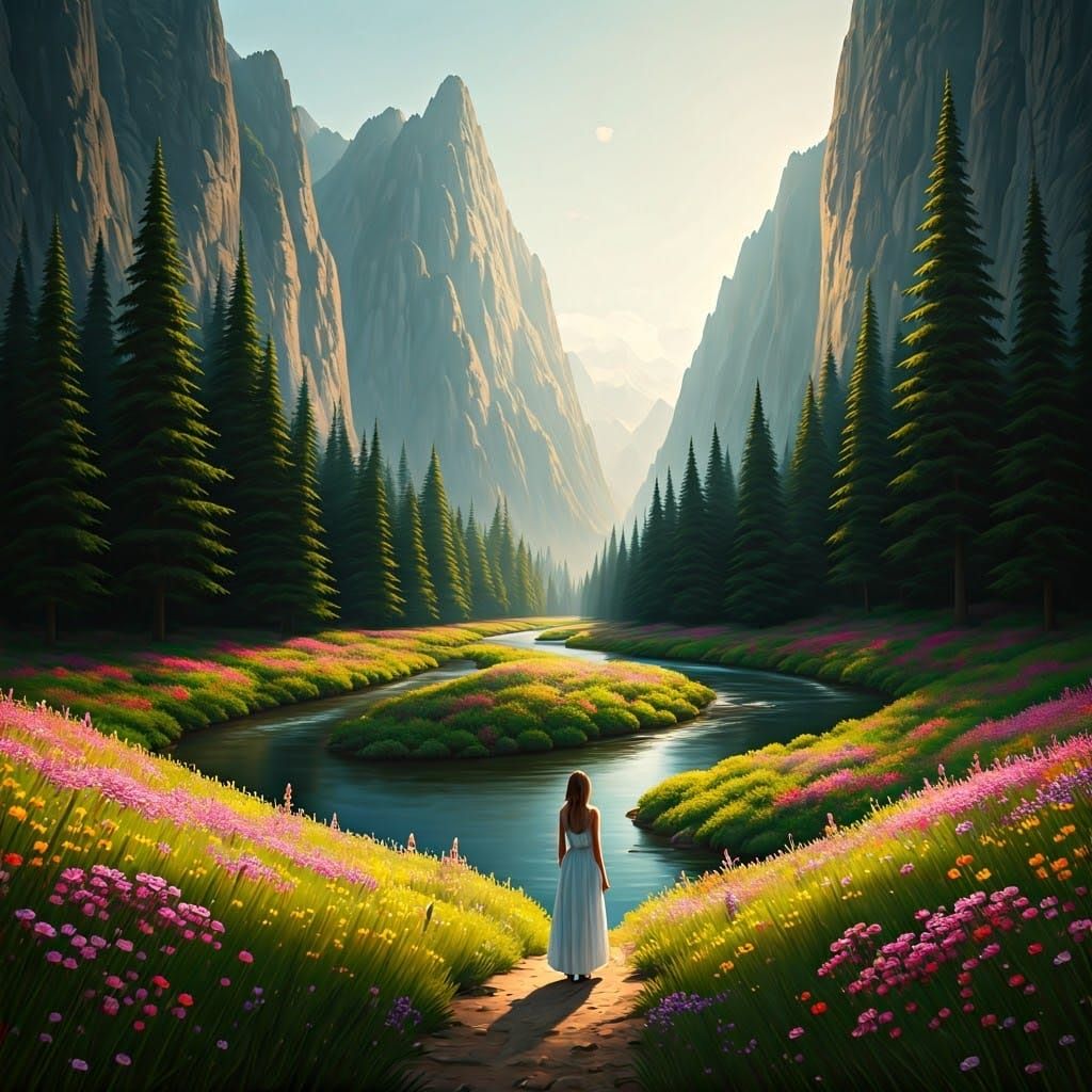 Serene Woman in Lush River Valley Landscape