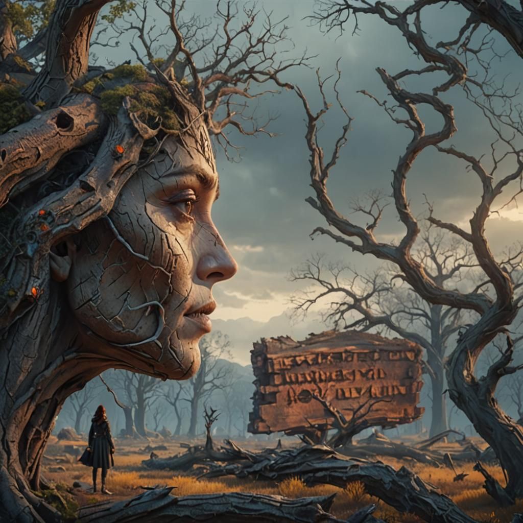 Animated Woman Gazing at Dead Tree in Matte Painting Style