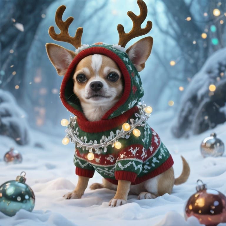 Cute Chihuahua in Ugly Christmas Sweater in Snow