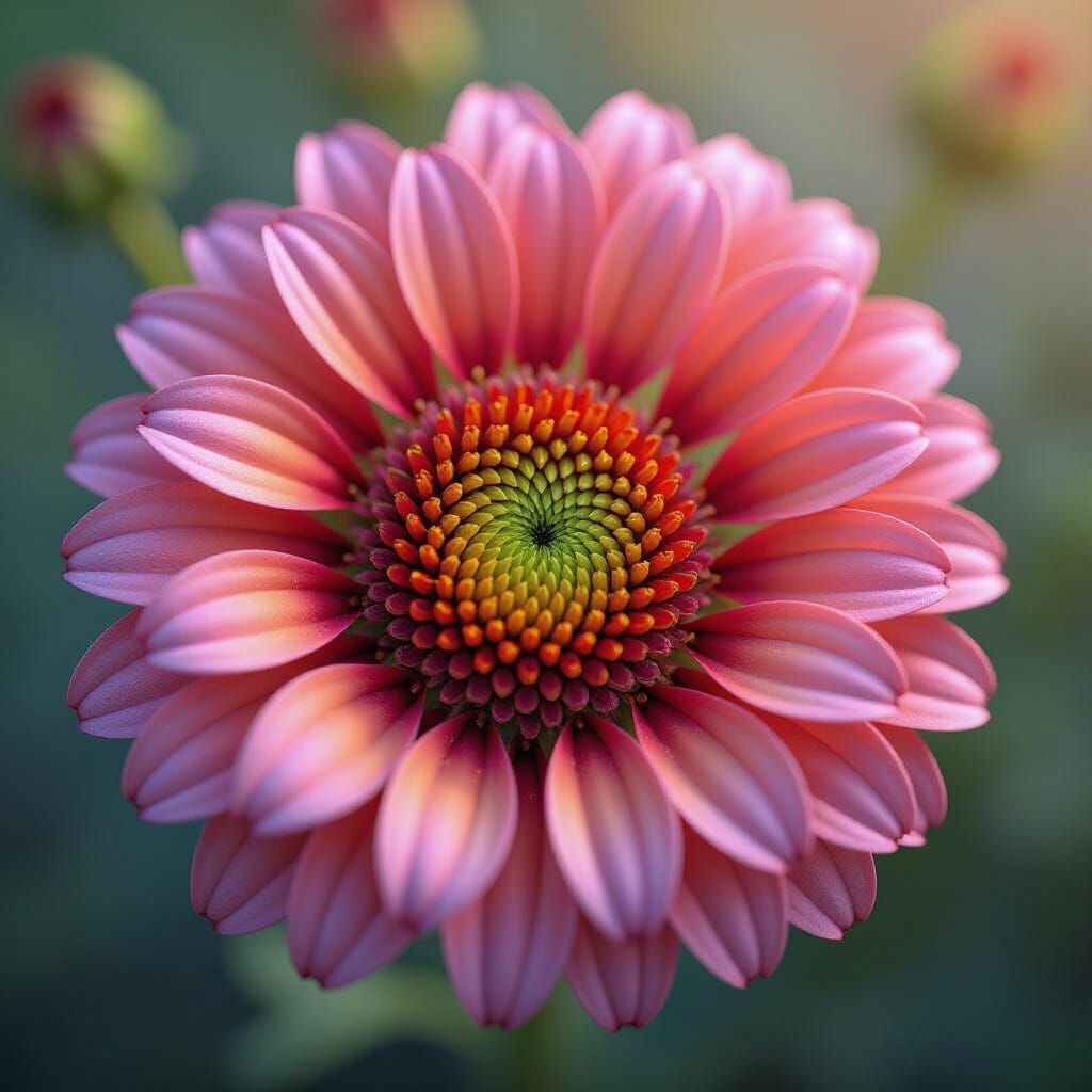 Floral explosion. Extreme close-up shot. A vibrant explosion of flowers erupts from a central point, petals unfurling in...