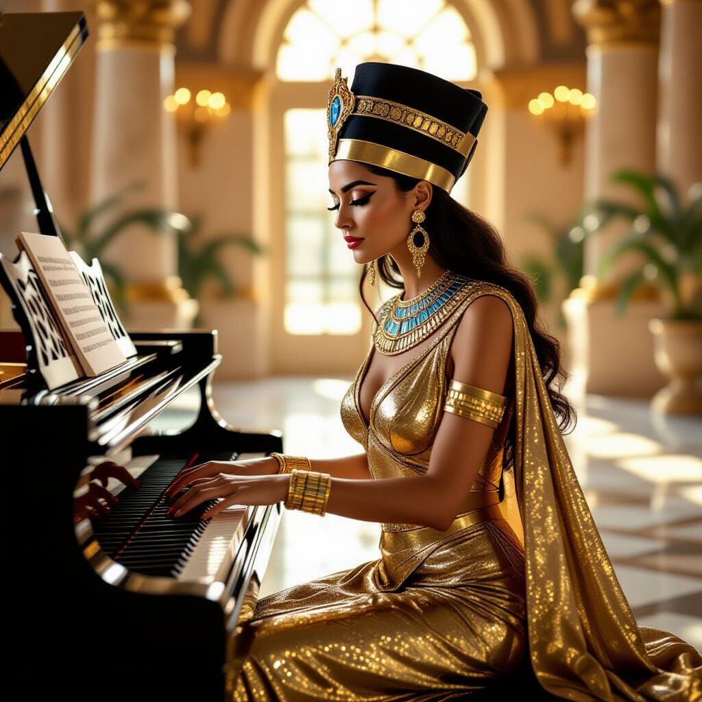 Egyptian Queen at Piano in Luxurious Palace