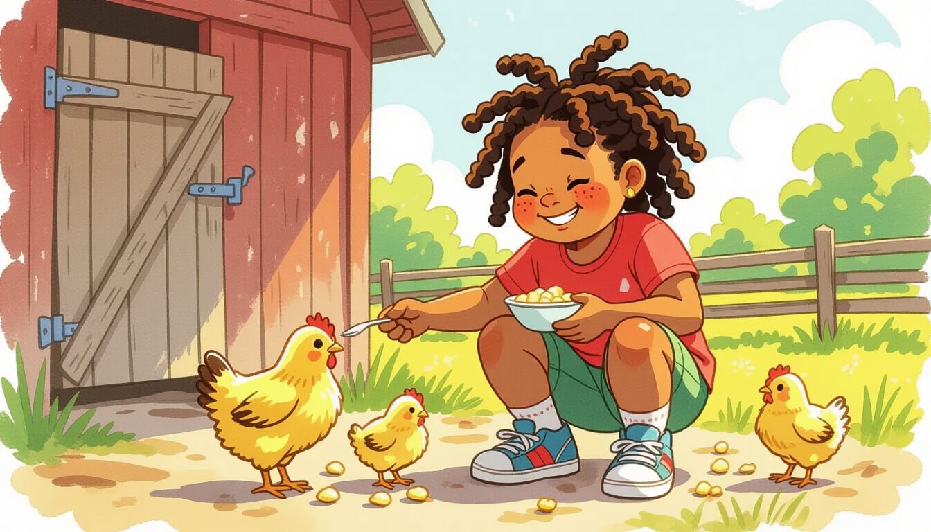 Smiling Girl Feeds Chicks: Watercolor Oil Painting