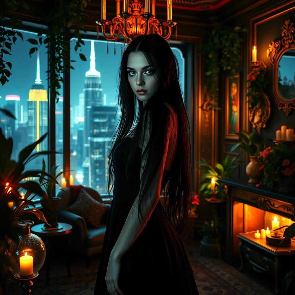Gothic Beauty in Dystopian Cityscape