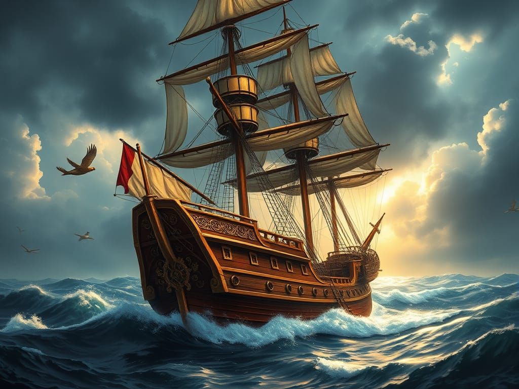 Majestic 17th-Century Galleon in Turbulent Seas