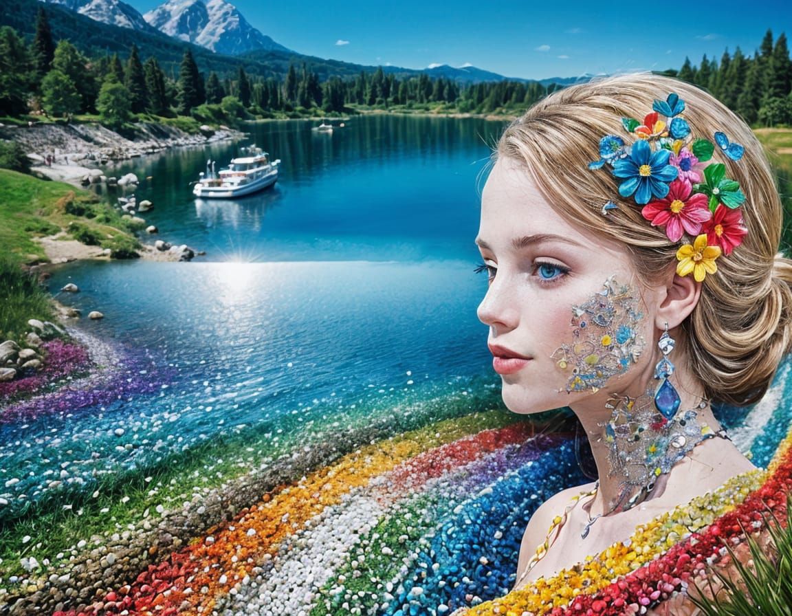 Blonde Girl in Multicolored Crystal Landscape