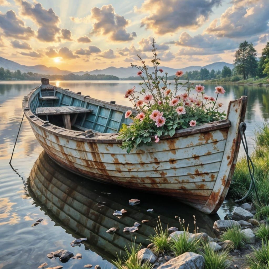 Watercolor Masterpiece of a Weathered Boat among Blooming Fl...