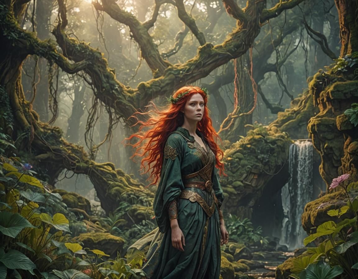 Red-Haired Nymph in Digital Matte Painting Style
