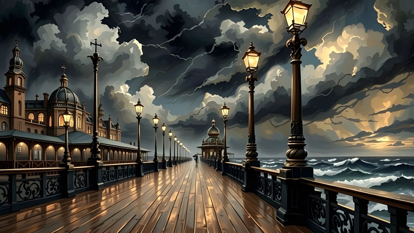 Stormy Pier in Art Nouveau Style