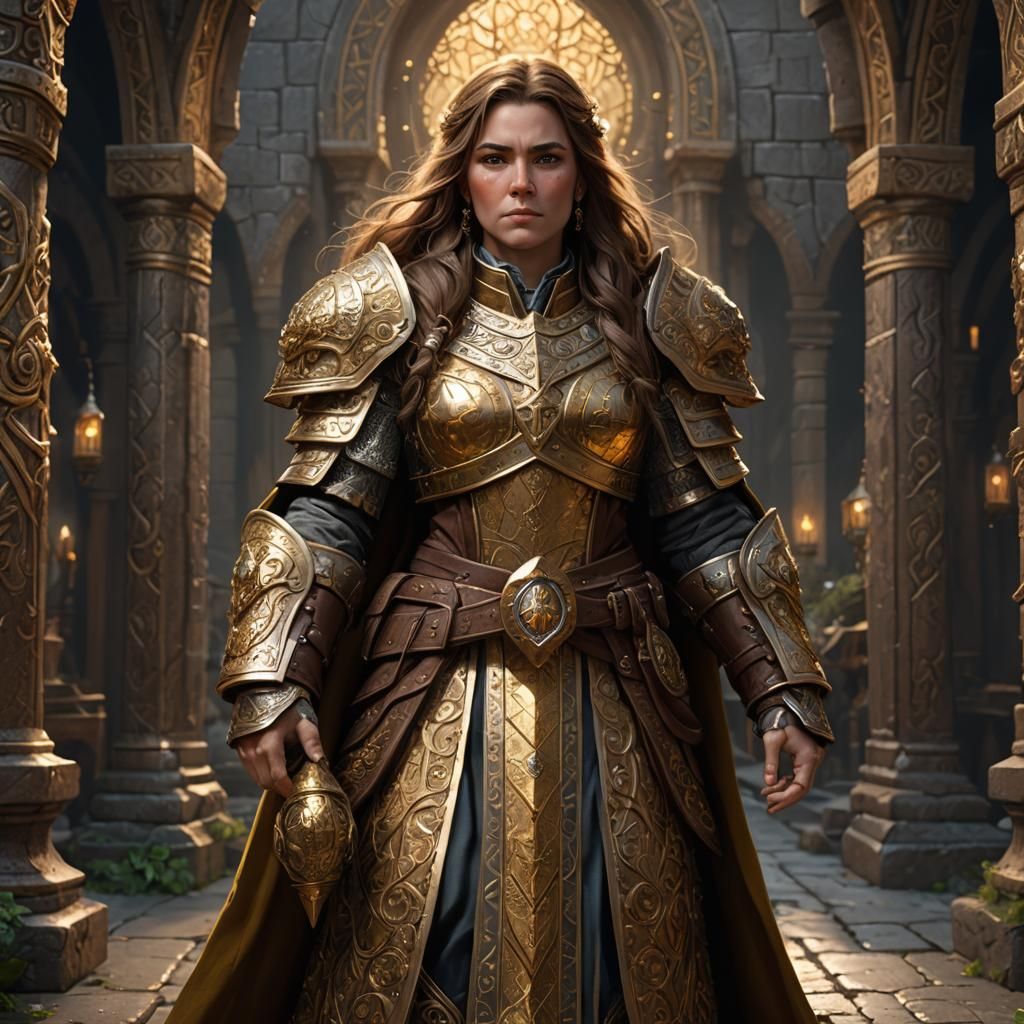 Female dwarf cleric with long brown hair and brown eyes.