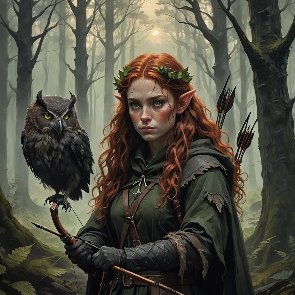 Elf Archer with Owlbear in Misty Forest