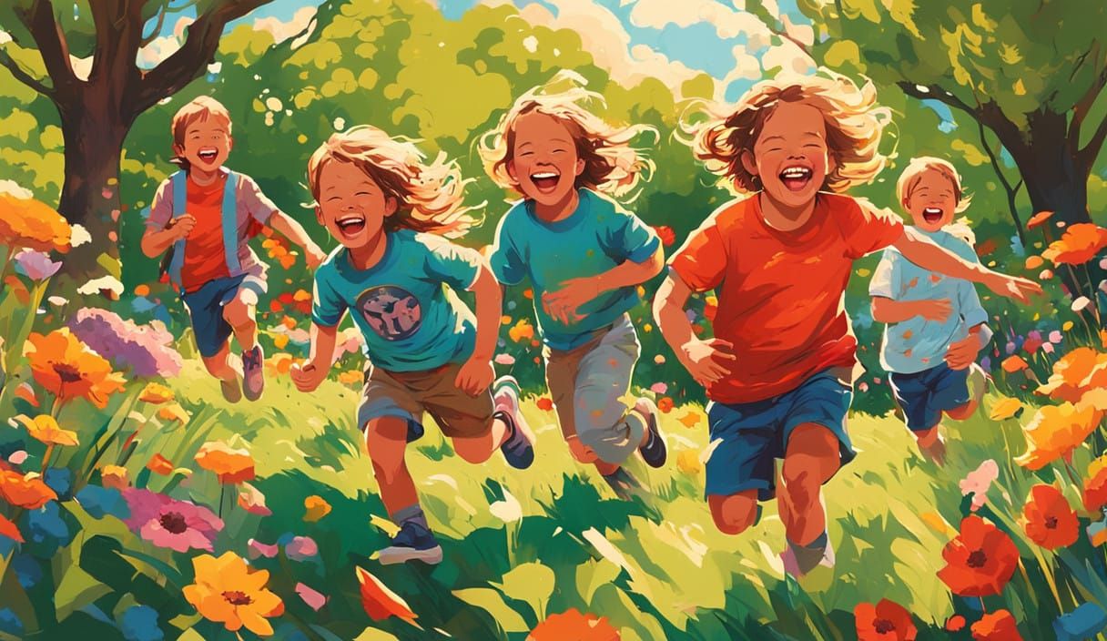 Children's Joyful Play in Vibrant Spring Garden