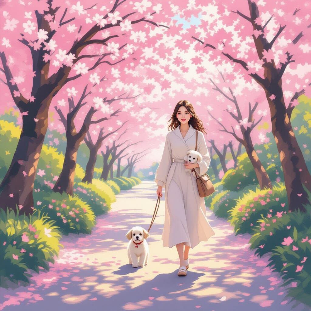 Young Woman and Puppy in Sakura Garden